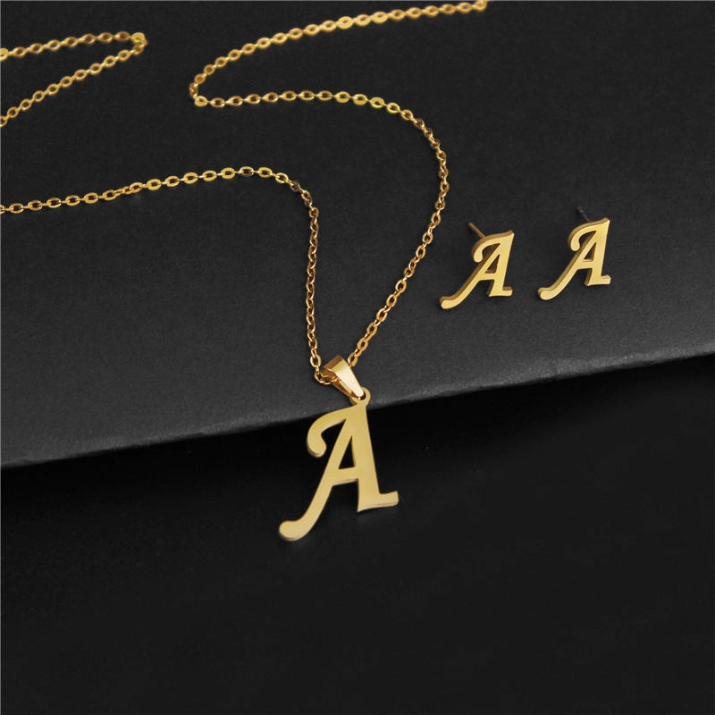 Wholesale Stainless Steel 26 Letter Necklace Earrings Two Piece Set