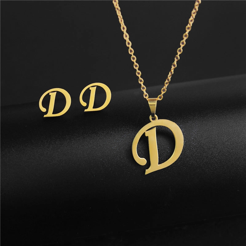 Wholesale Stainless Steel 26 Letter Necklace Earrings Two Piece Set