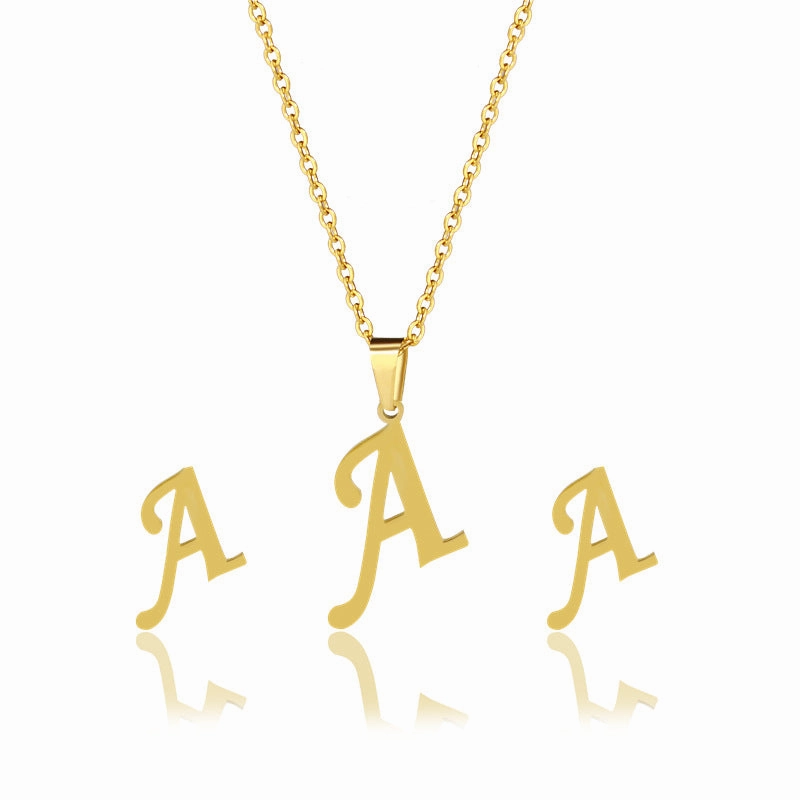 Wholesale Stainless Steel 26 Letter Necklace Earrings Two Piece Set