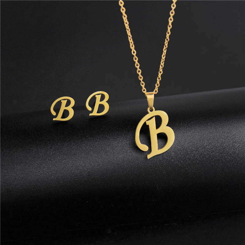 Wholesale Stainless Steel 26 Letter Necklace Earrings Two Piece Set
