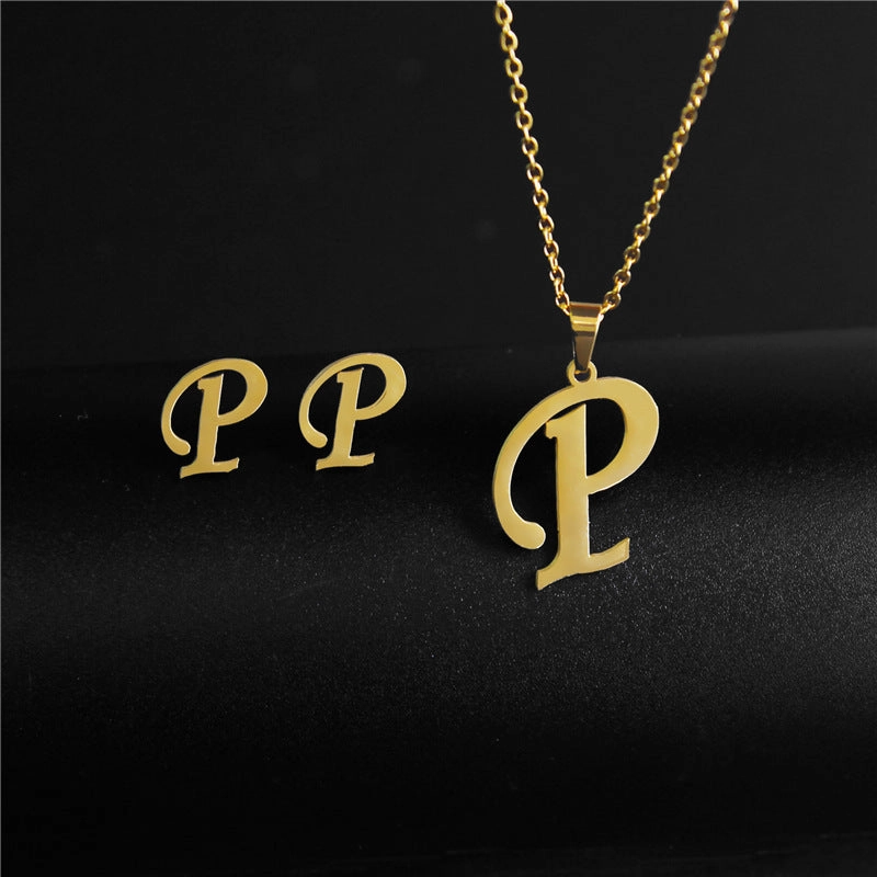 Wholesale Stainless Steel 26 Letter Necklace Earrings Two Piece Set
