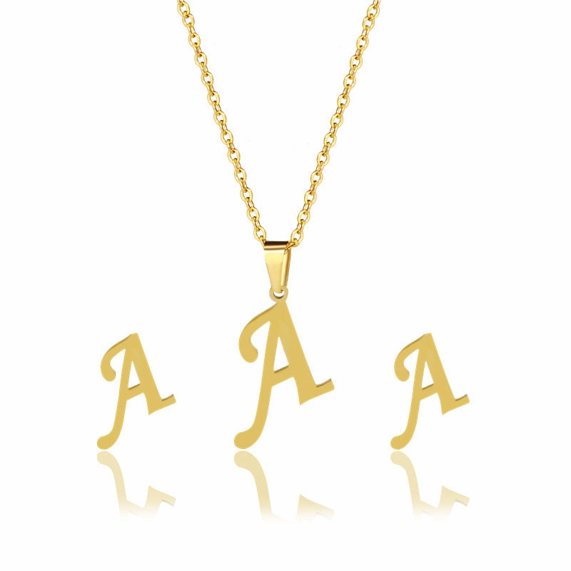 Wholesale Stainless Steel 26 Letter Necklace Earrings Two Piece Set
