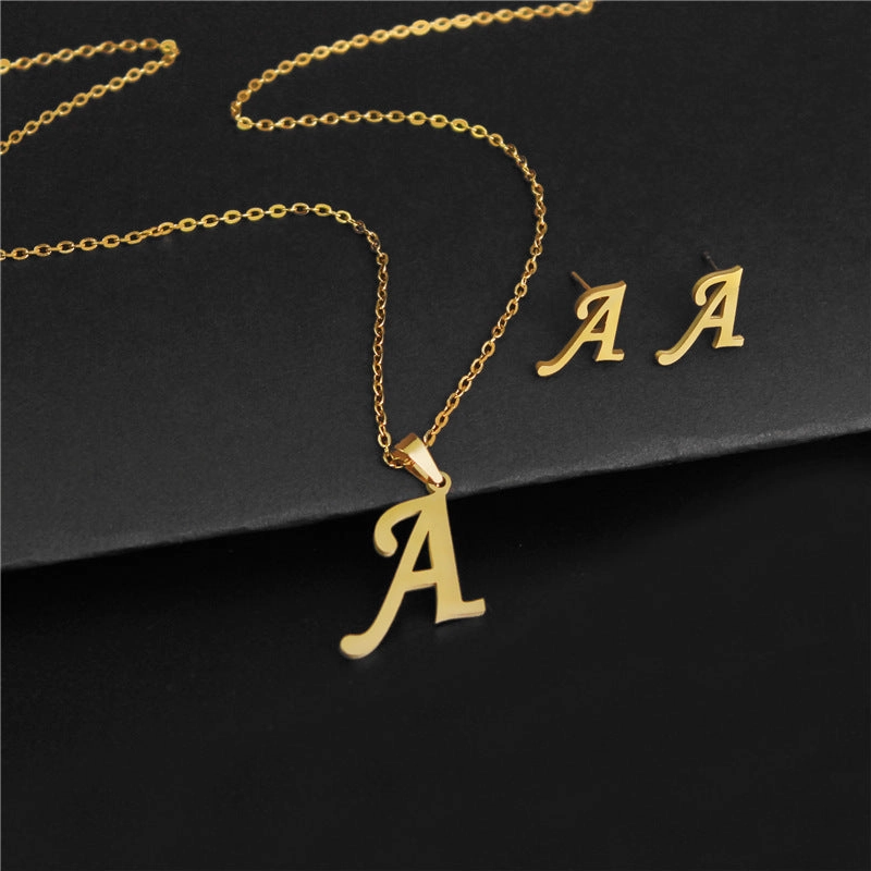 Wholesale Stainless Steel 26 Letter Necklace Earrings Two Piece Set