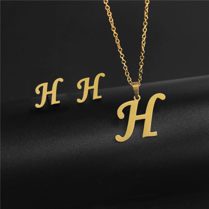 Wholesale Stainless Steel 26 Letter Necklace Earrings Two Piece Set