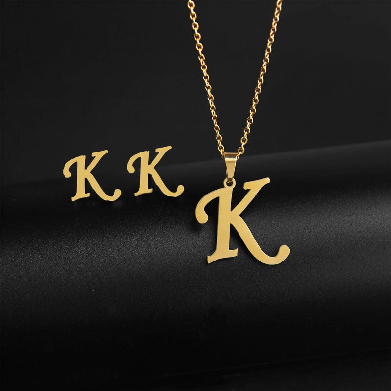 Wholesale Stainless Steel 26 Letter Necklace Earrings Two Piece Set