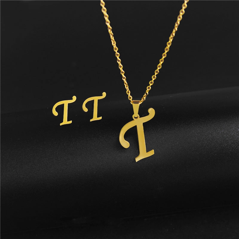 Wholesale Stainless Steel 26 Letter Necklace Earrings Two Piece Set