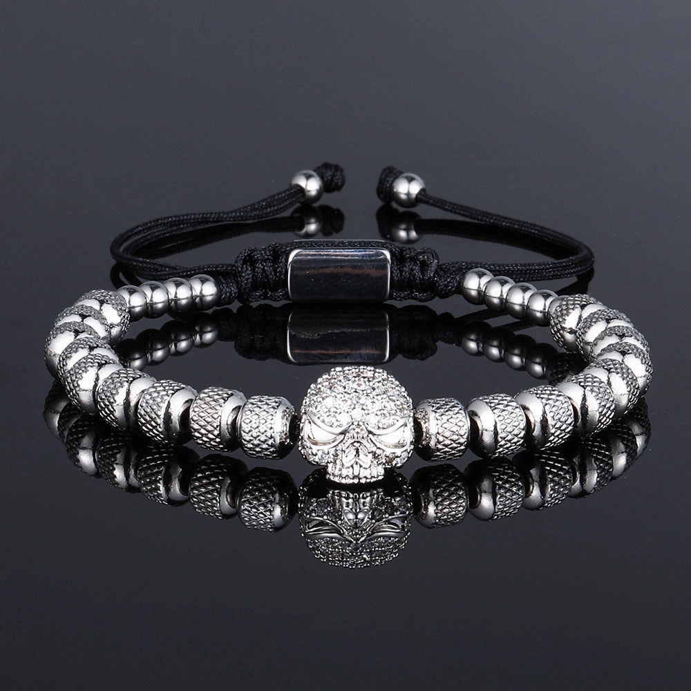Wholesale Stainless Steel 6mm Pineapple Beads Braided Skull Bracelet