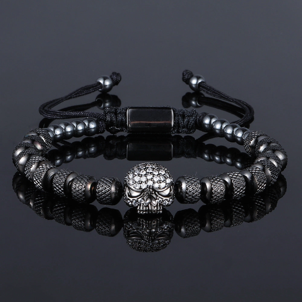 Wholesale Stainless Steel 6mm Pineapple Beads Braided Skull Bracelet