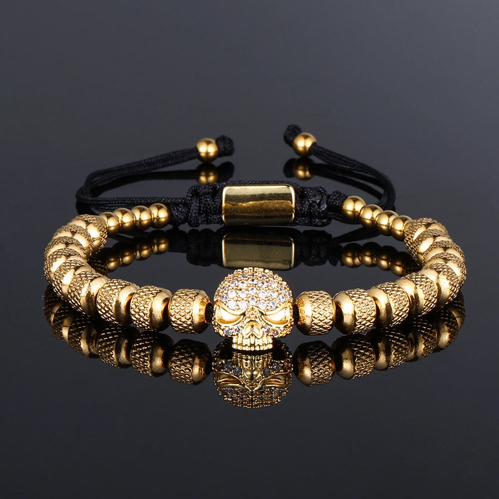 Wholesale Stainless Steel 6mm Pineapple Beads Braided Skull Bracelet