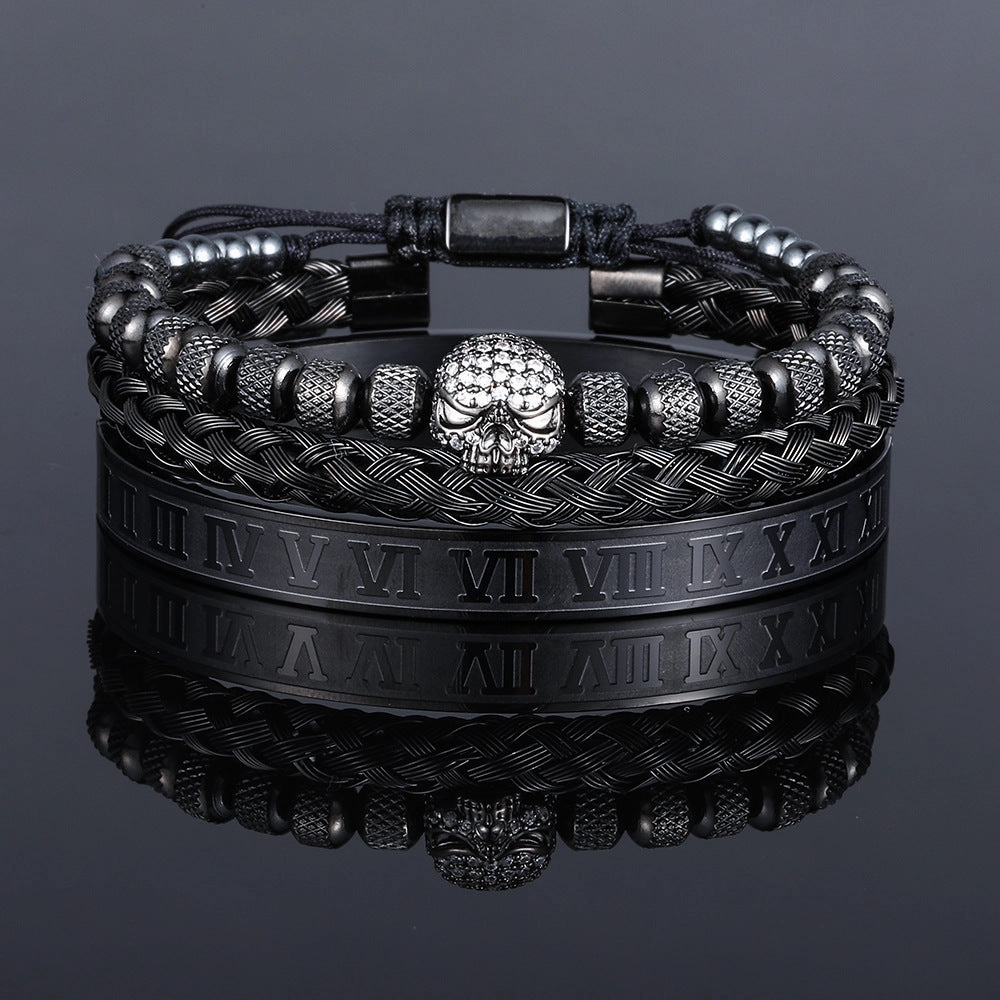 Wholesale Stainless Steel 6mm Pineapple Beads Braided Skull Bracelet