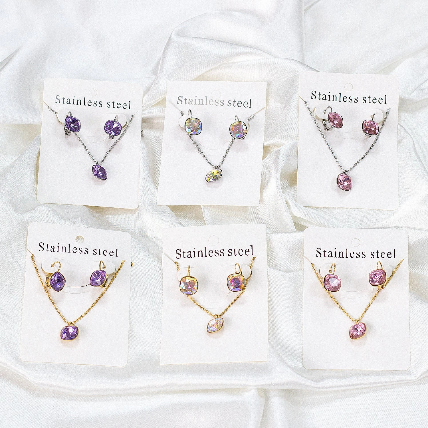 Wholesale Stainless Steel Crystal Earrings Rhinestones Colored Necklace Set