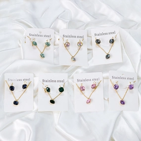 Wholesale Stainless Steel Crystal Earrings Rhinestones Colored Necklace Set