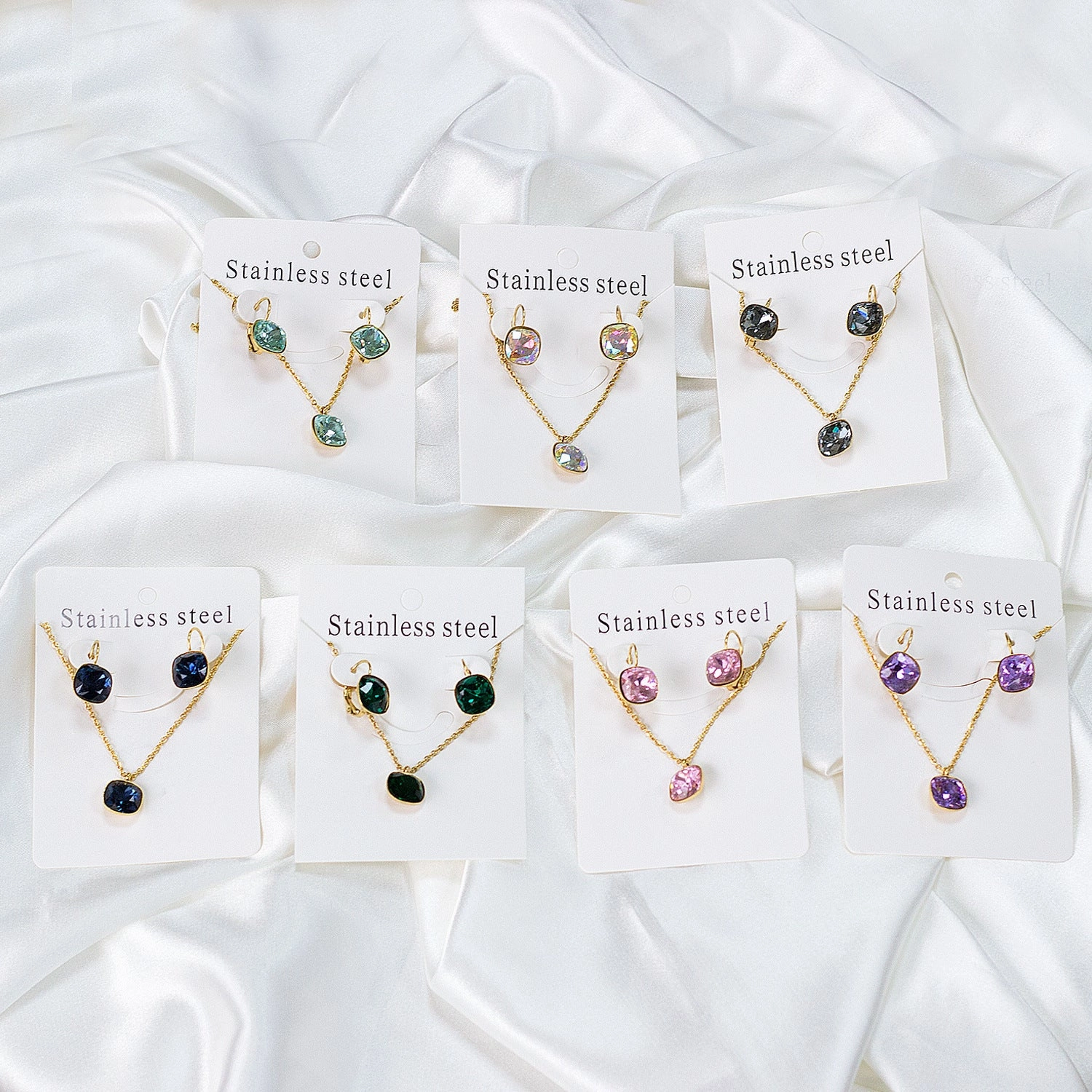 Wholesale Stainless Steel Crystal Earrings Rhinestones Colored Necklace Set