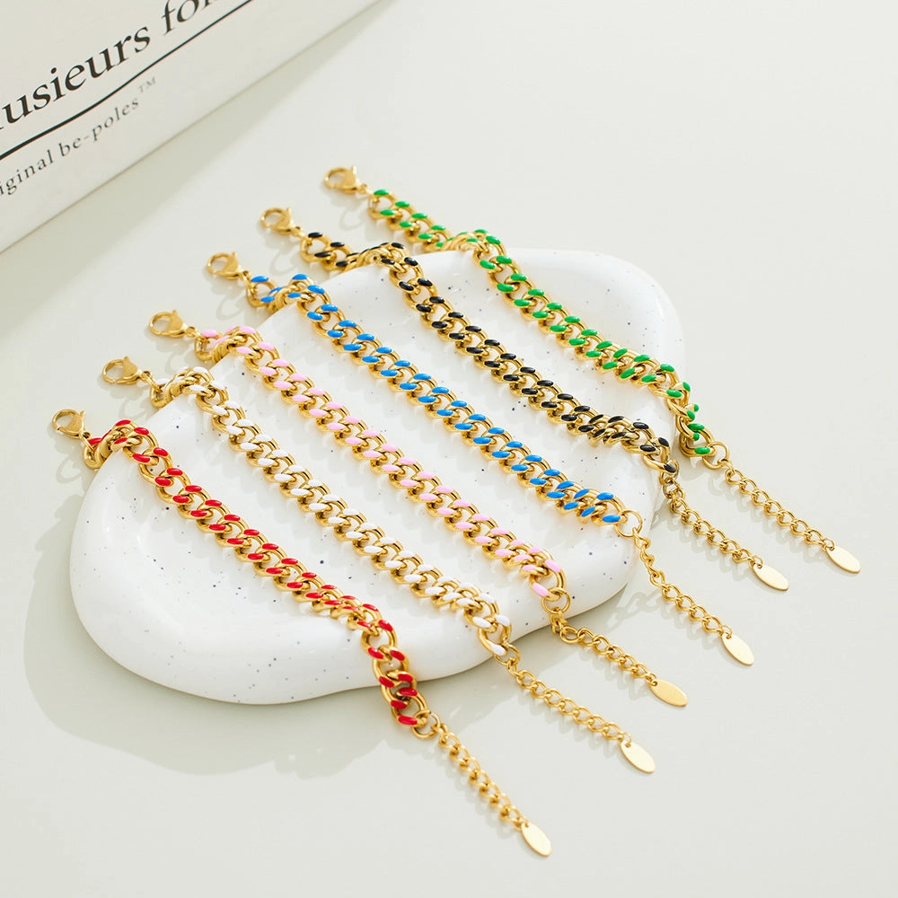 Wholesale Stainless Steel Cuban Oil Drop Color Enamel Bracelet