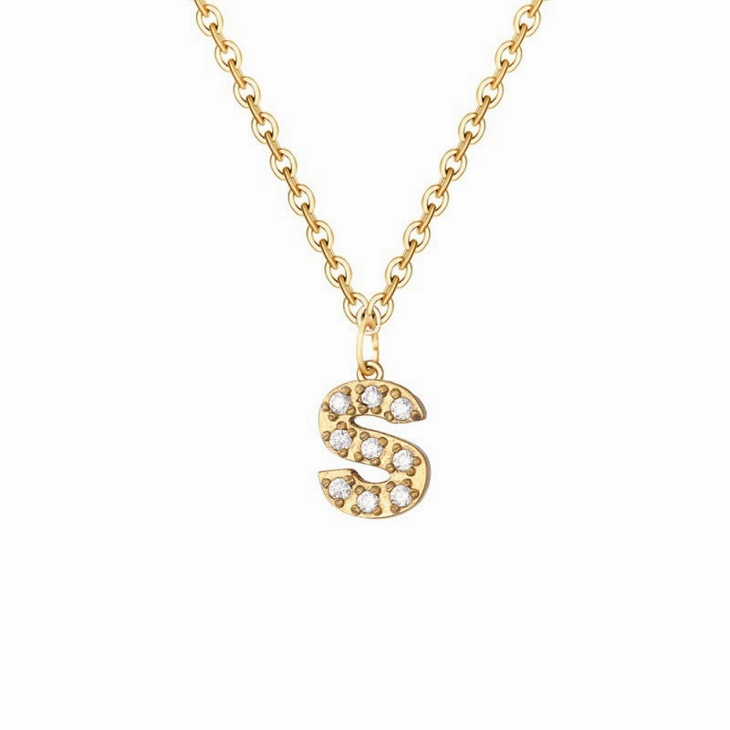 Wholesale Stainless Steel Diamond Alphabet Pendant 14K Gold Plated Necklaces