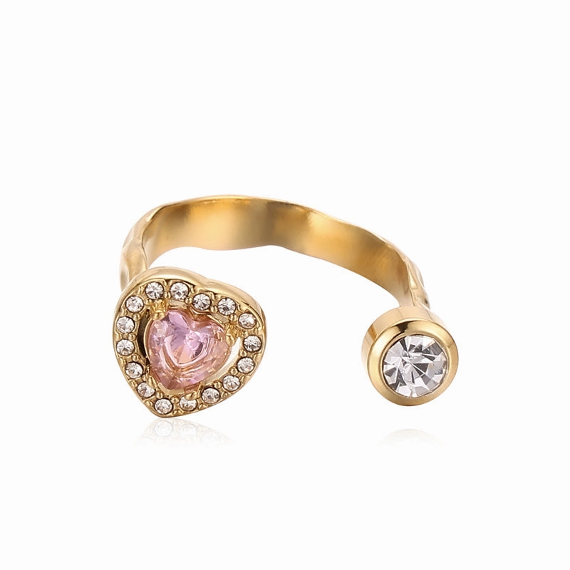 Wholesale Stainless Steel Diamond Inlaid Heart Adjustable Zircon Ring