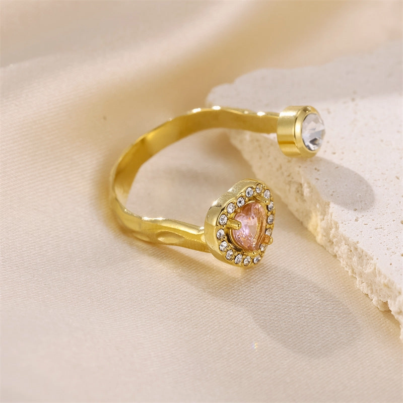 Wholesale Stainless Steel Diamond Inlaid Heart Adjustable Zircon Ring