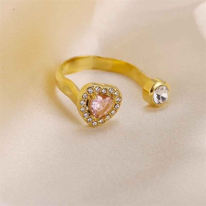Wholesale Stainless Steel Diamond Inlaid Heart Adjustable Zircon Ring