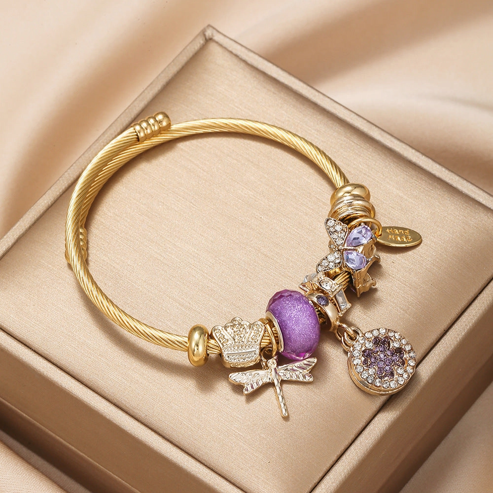 Wholesale Stainless Steel DIY Four Leaf Clover Butterfly Gold Bracelet