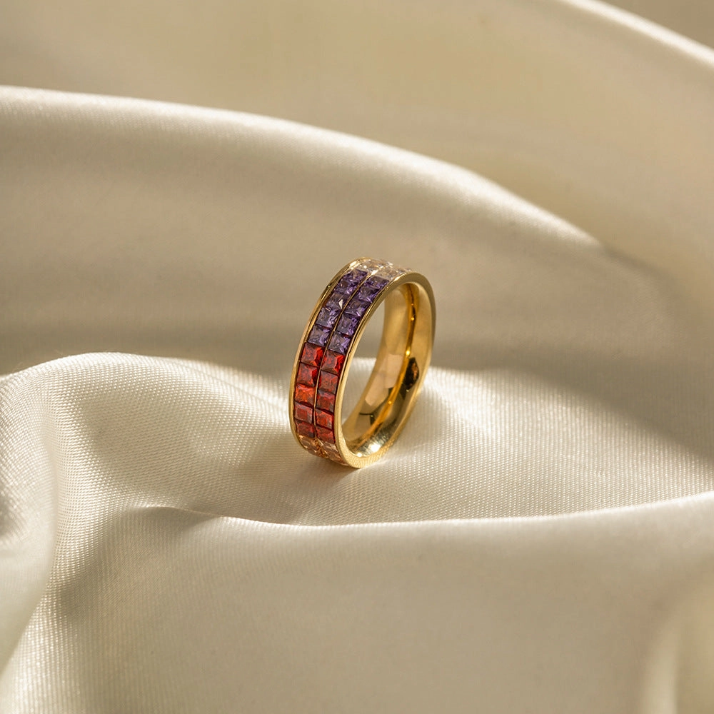 Wholesale Stainless Steel Double Layer Colorful Square Inlaid Zirconium Ring