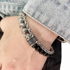 Wholesale Stainless Steel Double Layer Frosted Stone Men's Bracelet