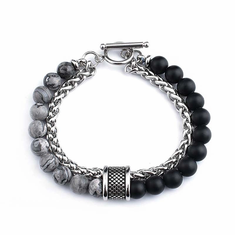 Wholesale Stainless Steel Double Layer Frosted Stone Men's Bracelet