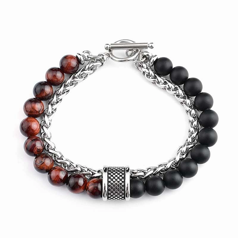 Wholesale Stainless Steel Double Layer Frosted Stone Men's Bracelet