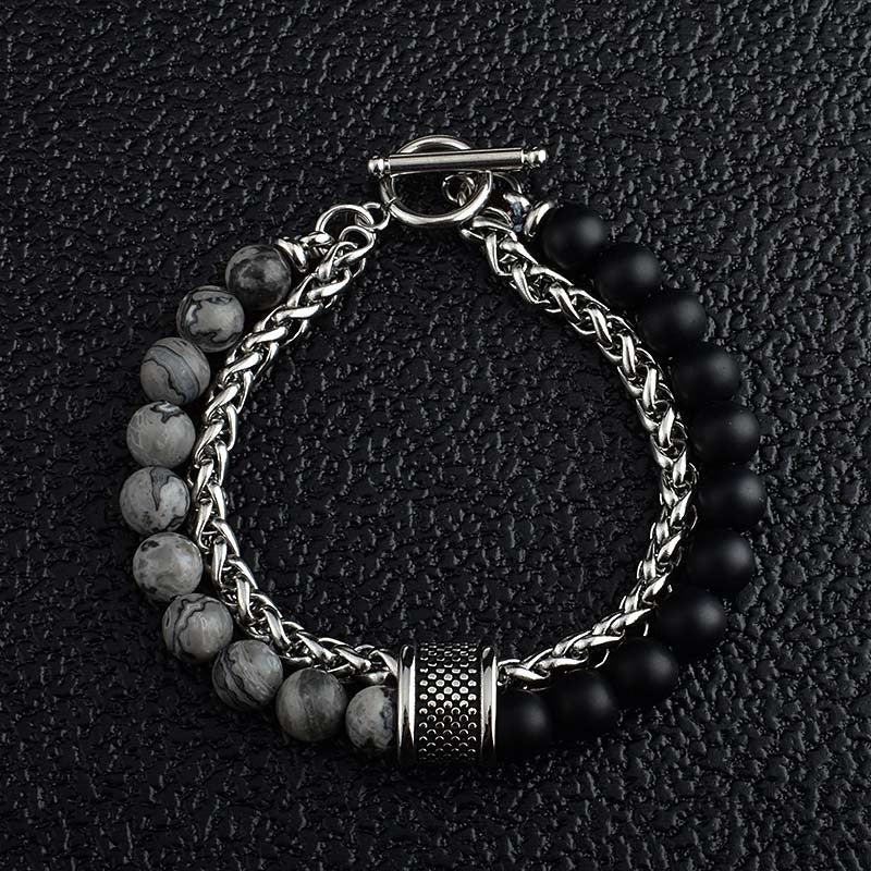 Wholesale Stainless Steel Double Layer Frosted Stone Men's Bracelet