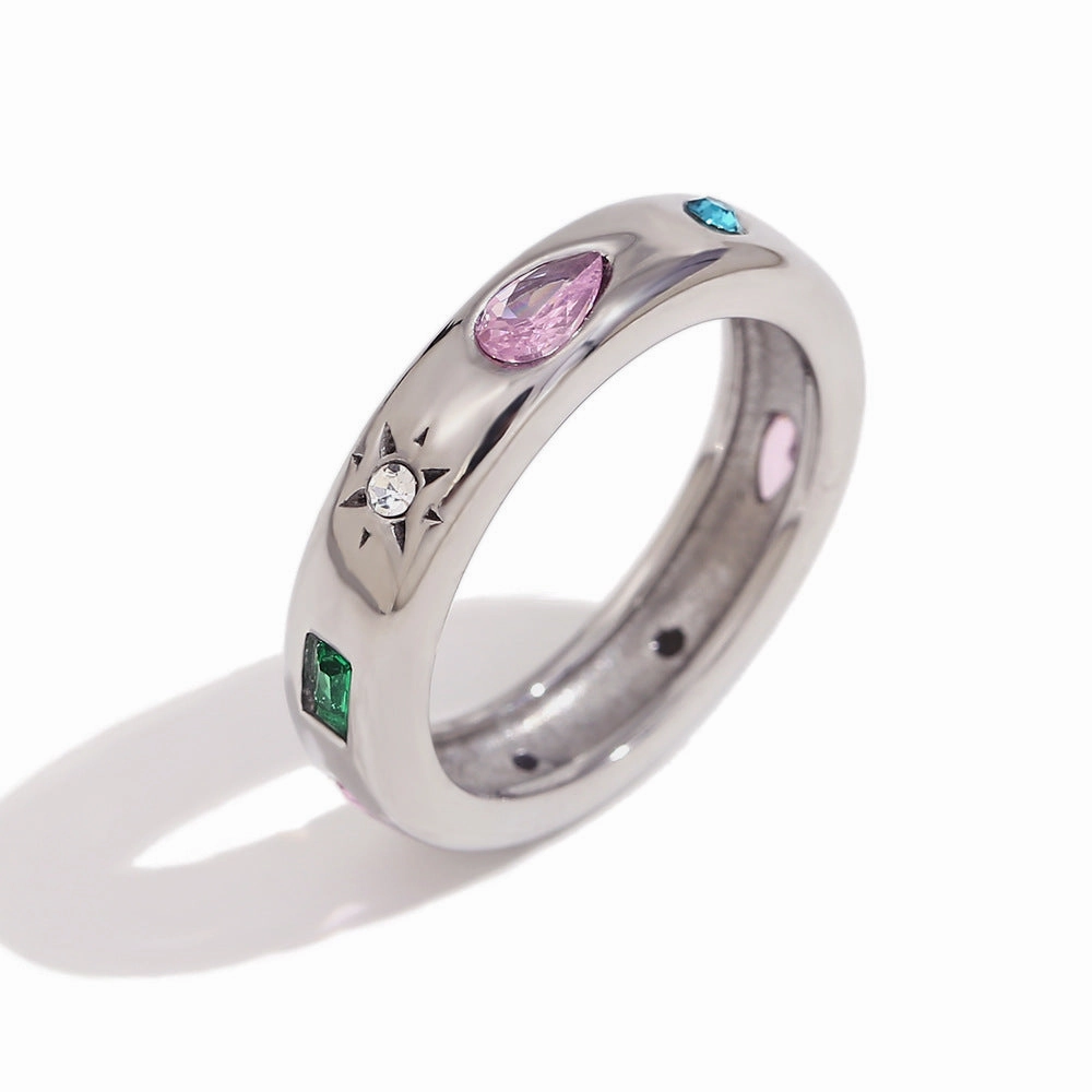 Wholesale Stainless Steel Droplet Geometric Colored Zircon Rings