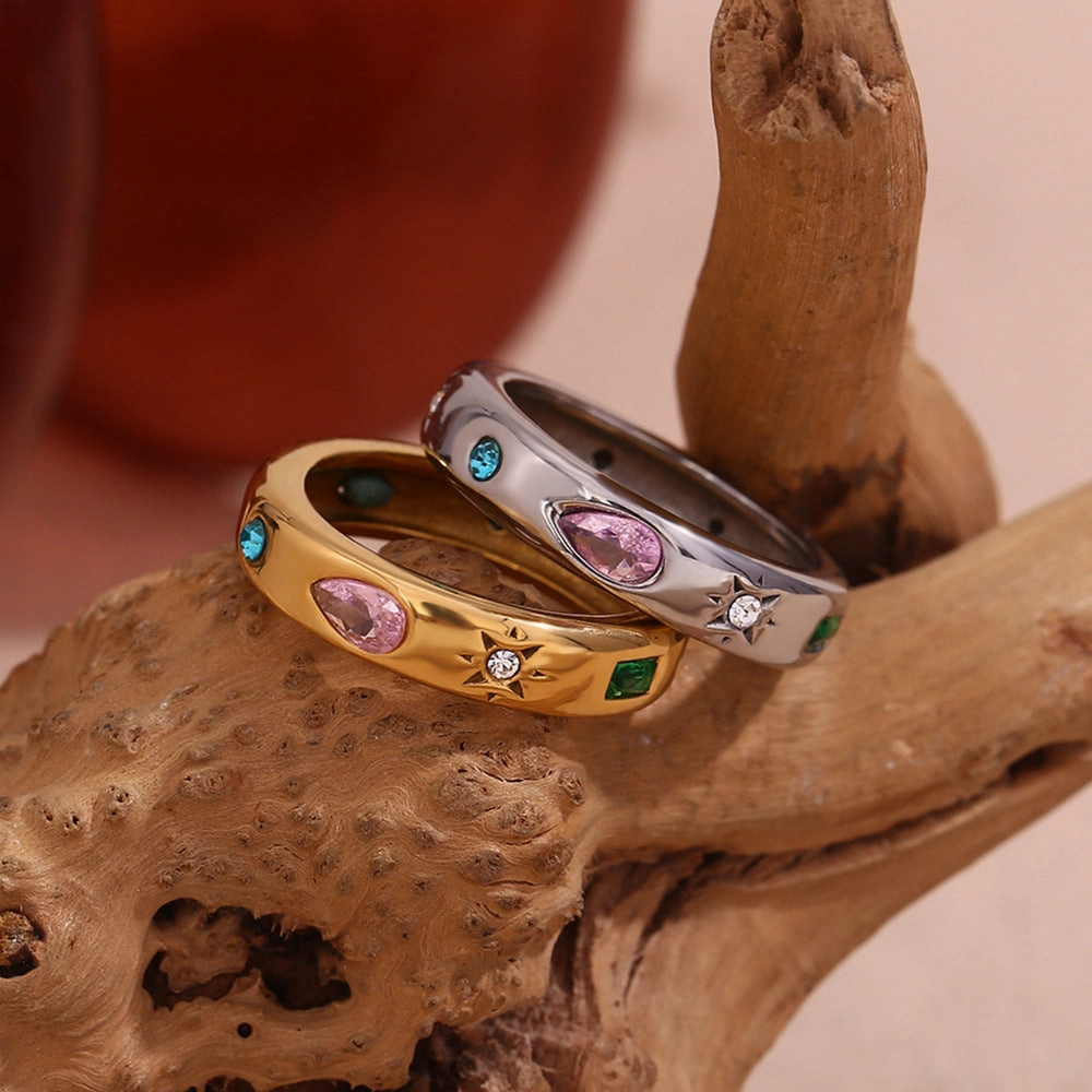 Wholesale Stainless Steel Droplet Geometric Colored Zircon Rings