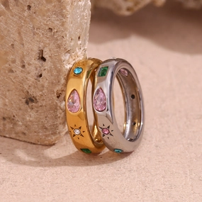 Wholesale Stainless Steel Droplet Geometric Colored Zircon Rings