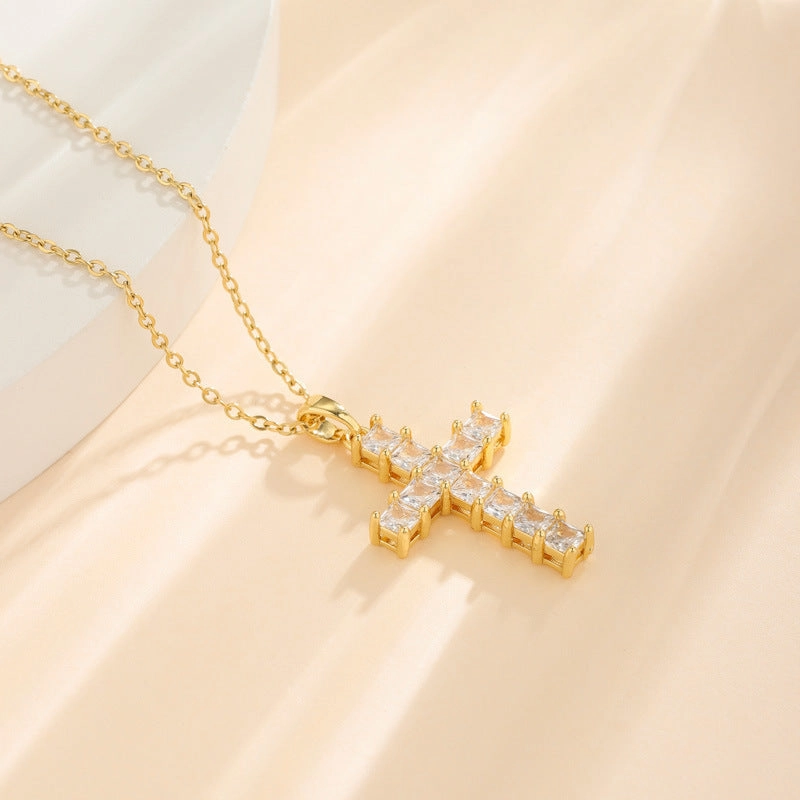 Wholesale Stainless Steel Full Diamond Square Zircon Cross Pendant Necklace