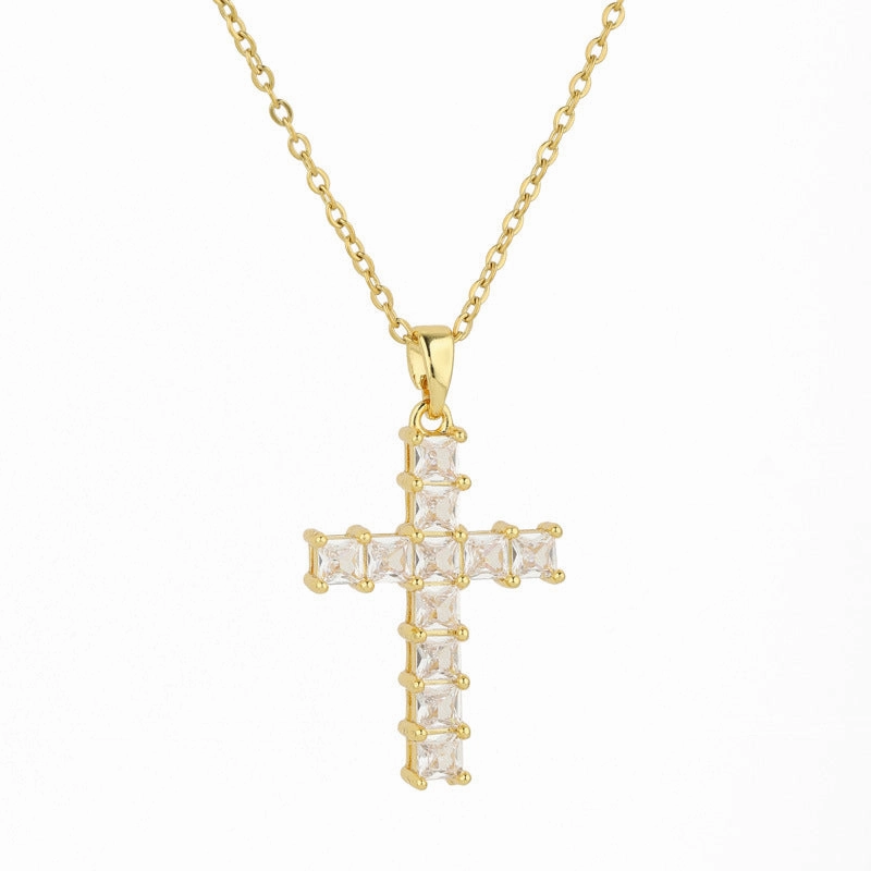 Wholesale Stainless Steel Full Diamond Square Zircon Cross Pendant Necklace