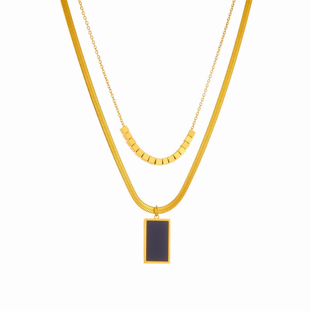 Wholesale Stainless Steel Geometric Black Square Double Layer Necklace
