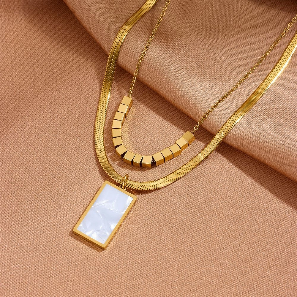 Wholesale Stainless Steel Geometric Black Square Double Layer Necklace