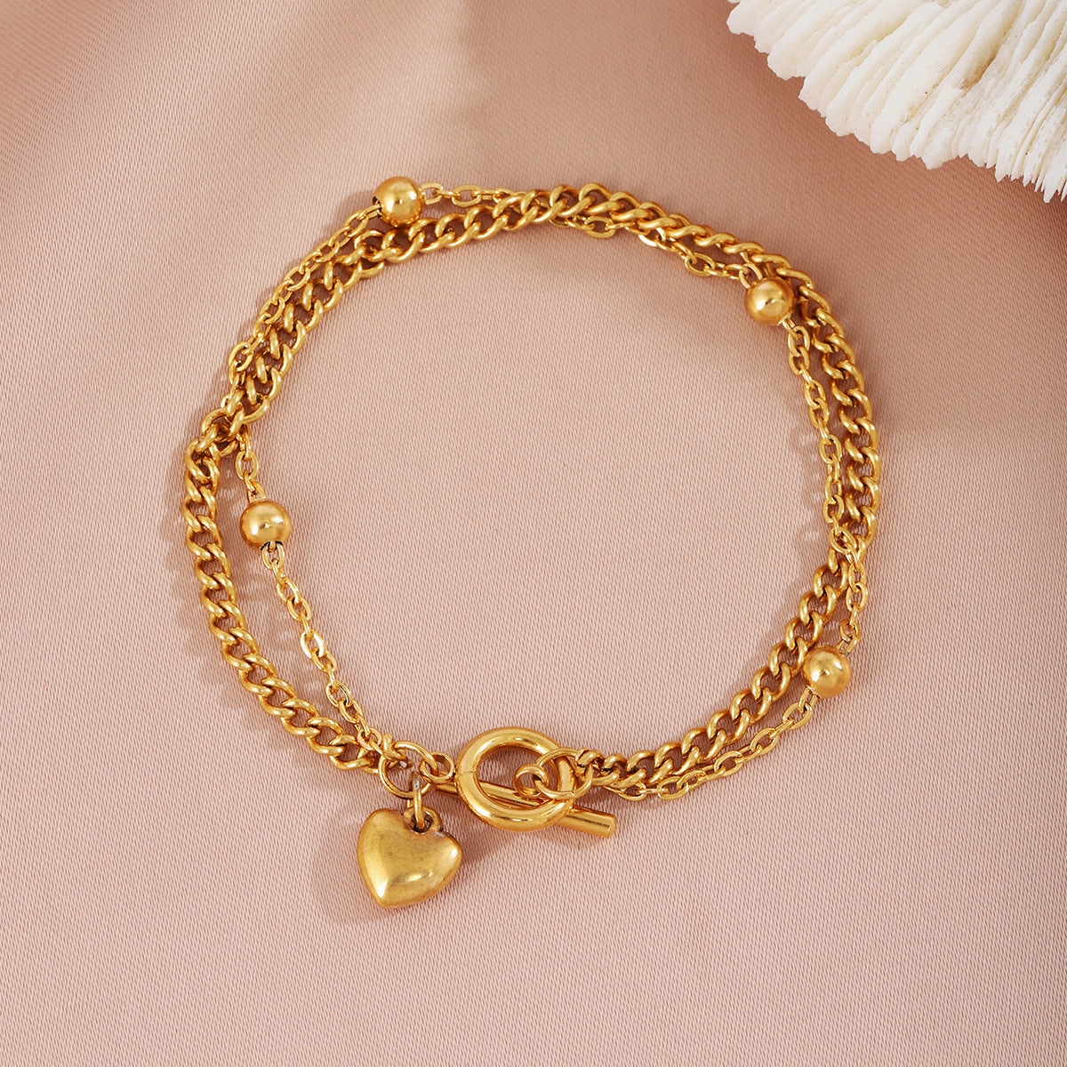 Wholesale Stainless Steel Gold Bead OT Buckle Love Double Layer Bracelet