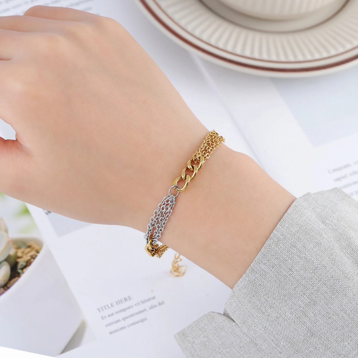 Wholesale Stainless Steel Gold Cuban Chain Three Piece Mixed Bracelet