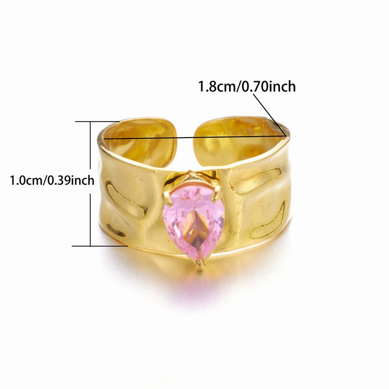 Wholesale Stainless Steel Gold Pink Zircon Hammer Pattern Wide Face Ring