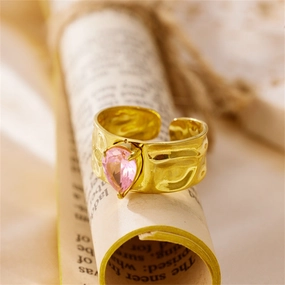 Wholesale Stainless Steel Gold Pink Zircon Hammer Pattern Wide Face Ring