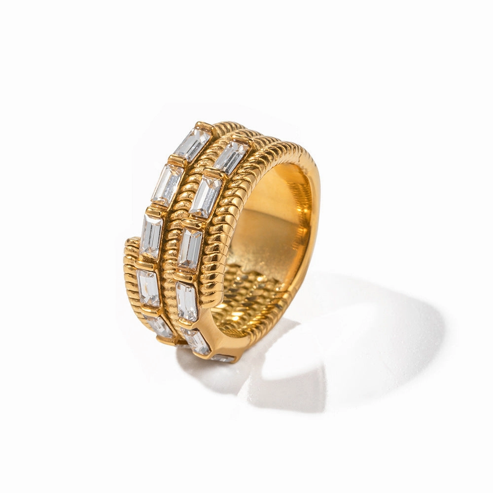 Wholesale Stainless Steel Gold Plated Asymmetric Square Zircon Ring