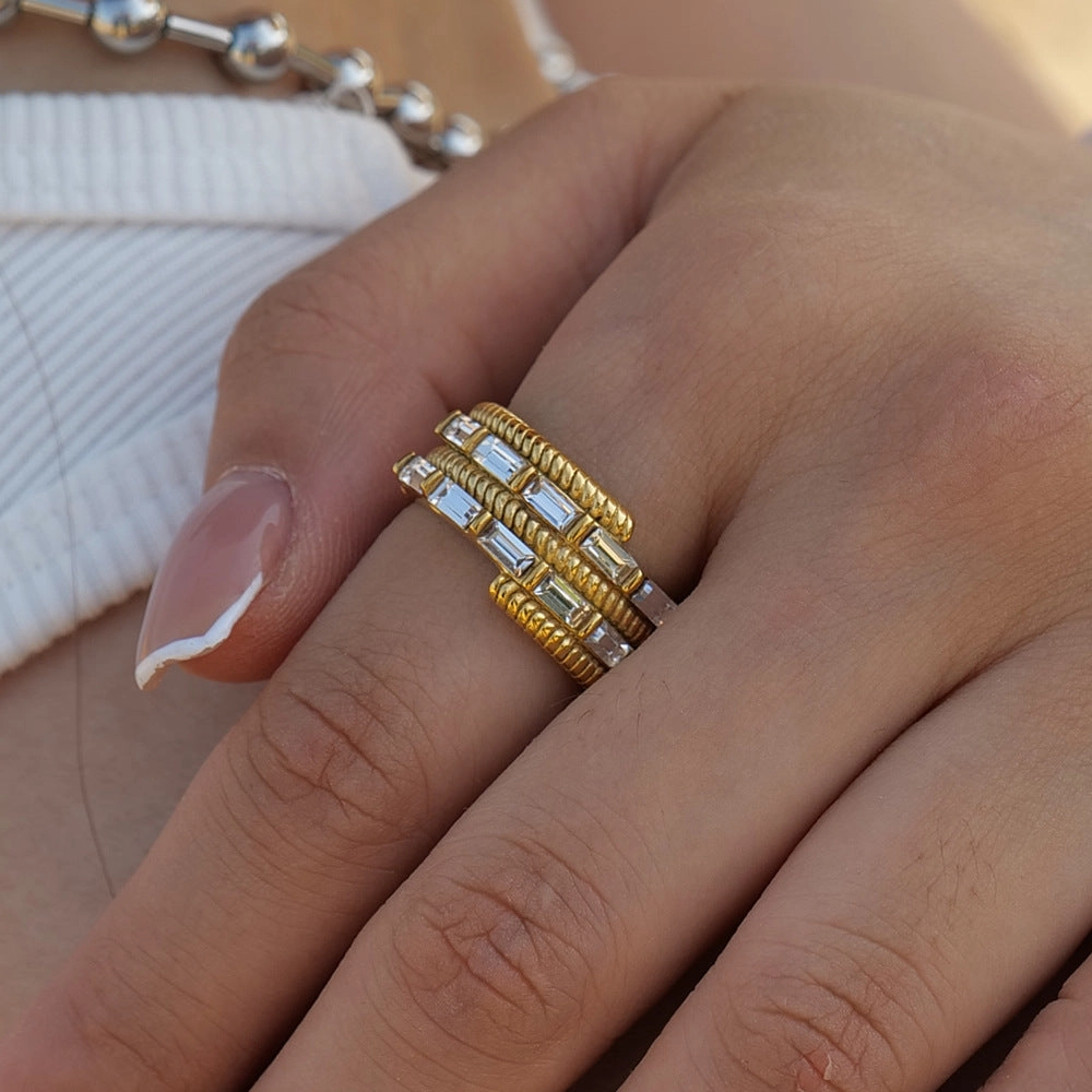 Wholesale Stainless Steel Gold Plated Asymmetric Square Zircon Ring