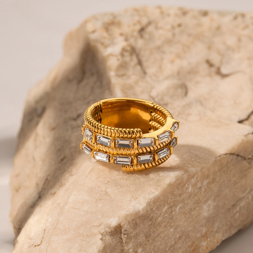 Wholesale Stainless Steel Gold Plated Asymmetric Square Zircon Ring