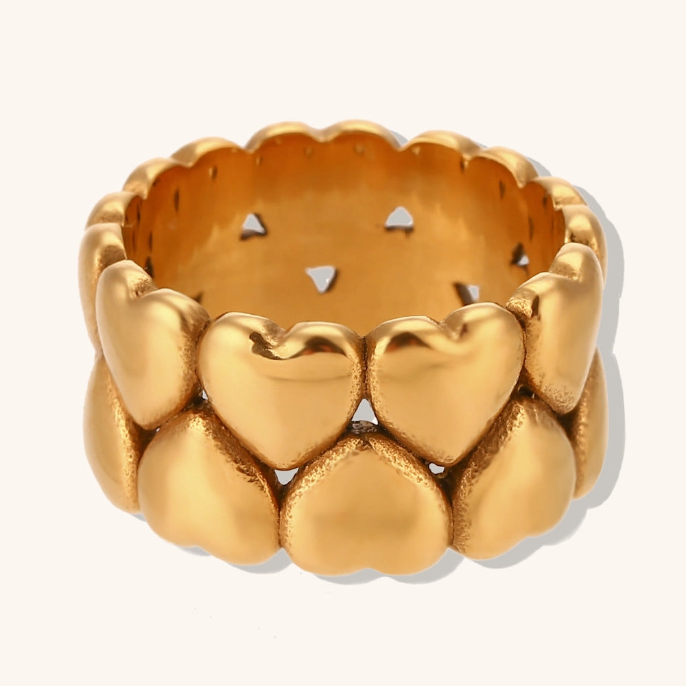 Wholesale Stainless Steel Gold-plated Cast Wide Face Double Layer Peach Heart Rings