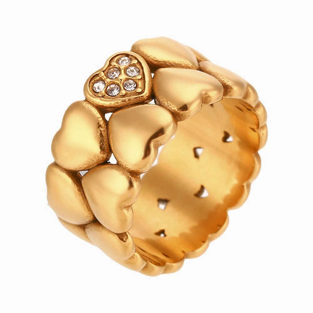 Wholesale Stainless Steel Gold-plated Cast Wide Face Double Layer Peach Heart Rings