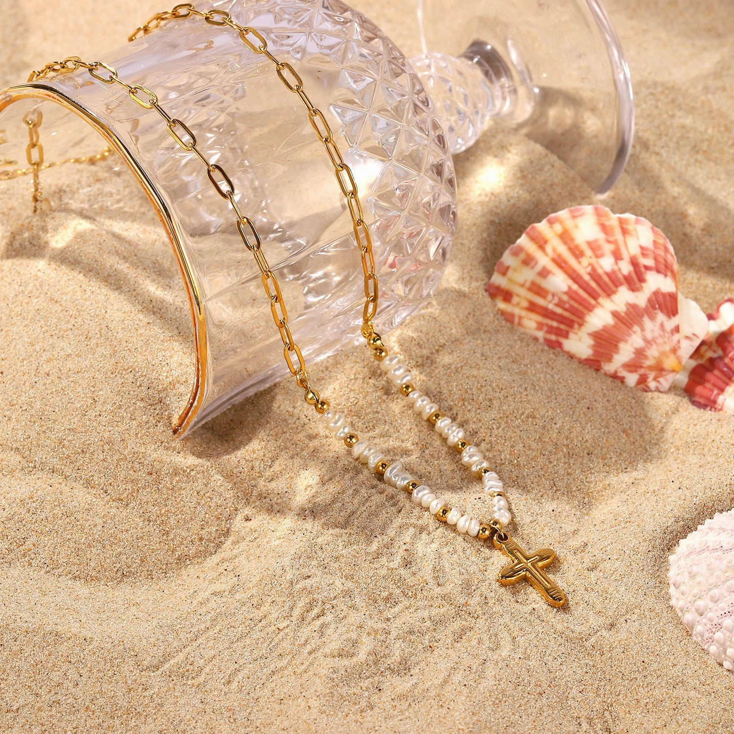 Wholesale Stainless Steel Gold Plated Cross Pendant Rice Bead Stitching Necklace