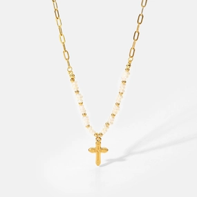 Wholesale Stainless Steel Gold Plated Cross Pendant Rice Bead Stitching Necklace