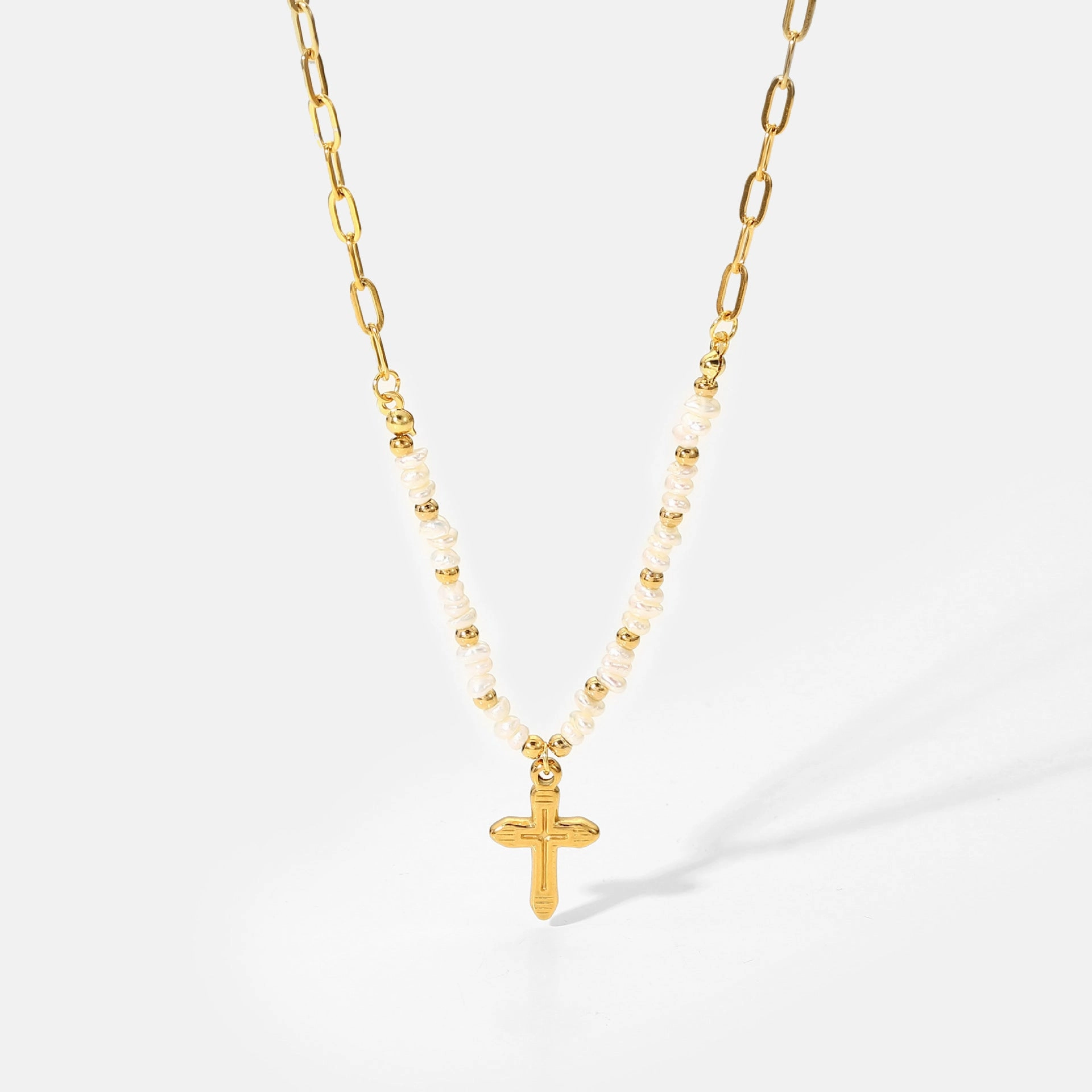 Wholesale Stainless Steel Gold Plated Cross Pendant Rice Bead Stitching Necklace