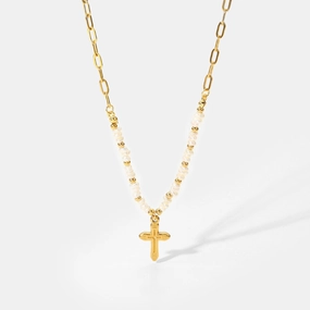 Wholesale Stainless Steel Gold Plated Cross Pendant Rice Bead Stitching Necklace