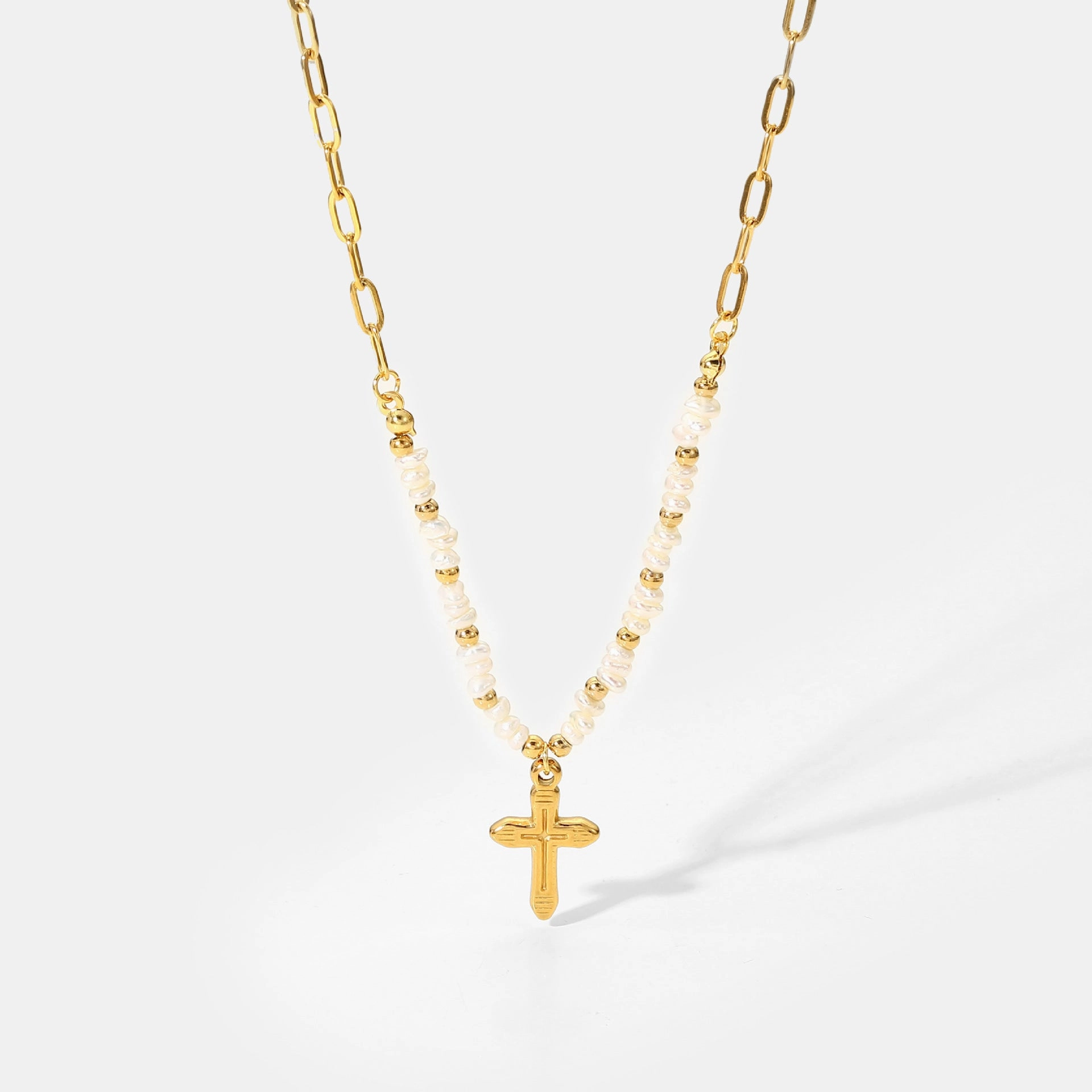 Wholesale Stainless Steel Gold Plated Cross Pendant Rice Bead Stitching Necklace