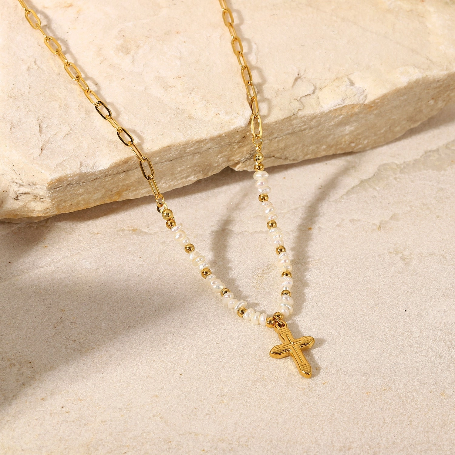 Wholesale Stainless Steel Gold Plated Cross Pendant Rice Bead Stitching Necklace